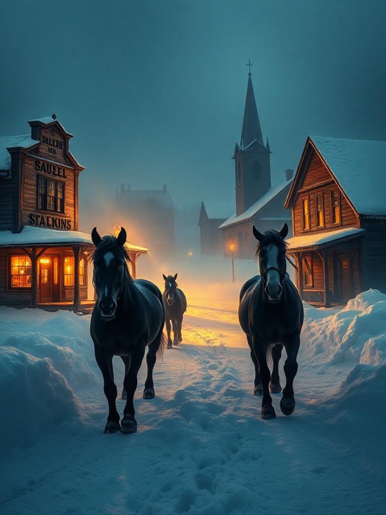 a frozen 1880s mining town is engulfed in an unearthly, antarctic gloom, the colors shredded and bleeding from the emulsion as if the photo itself were disintegrating under the crushing weight of winter. 
flickering candlelight and dim lanterns cast long, twitching shadows on the icy ground, their edges shredded and distorted like frozen, tattered clothing. 
the old saloon and store stand like skeletal, rusted sentinels, their empty windows gaping like dead, frozen mouths, 
their chipped, faded paint a testament to the ravages of a thousand snowy storms. a church steeple reaches towards the dark sky, its peak shrouded in a thick, impenetrable veil of fog and snow, which seems to seep into the photo from the frigid air.

horses tremble with terror, their eyes blazing with a fierce, haunted light as if fueled by the primal urge to survive the unforgiving arctic landscape, 
their bodies hazy and indistinct, as if trapped in a dream of frozen white. unseen figures lurk just out of the flickering candlelight, 
their presence making the air feel thick and heavy with an unspeakable terror, the grain of the photo amplifying the sense of creeping dread.

the hills and mountains loom behind, their jagged shapes hinted at but unseen, 
like colossal, granite monoliths waiting to bury the town under an avalanche of snow and ice. 
the sky above is a deep, foreboding, charcoal gray, 
with an unnatural, pulsing glow seeping from the barren, frozen earth, 
casting an unearthly, otherworldly light over the deserted town, which seems to be warping the colors of the photo like a funhouse mirror.

to complete this picture, add drifts of snow up to the eaves of the old saloon and store, and a horse-drawn sleigh stuck in the main street, the horses frozen, their tongues lolling out in death.