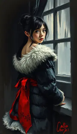 a young eastern girl with a pale complexion and dark hair sits in a dimly lit interior, her head turned sharply to the left as she gazes out the window behind her, her shoulders hunched and body angled away from the viewer in a contrapposto weight distribution, set against a backdrop of turbulent charcoal and oil brushstrokes that dance across the canvas with reckless abandon, high contrast and expressive lines dominating the scene as the light catches her eyes, which shine like beacons in the dim room, her heavy, textured fur-lined coat with a voluminous white fur collar and a red sash or belt layered over a multitude of folds, as if she has just risen from a chair, the charcoal and oil painting style bursting forth in a maelstrom of dynamic energy.