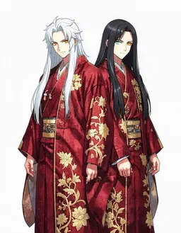 character portrait of male, an angel with a floating golden halo and large white feathered wings, in a long white robe with gold trim, waist-up, facing the viewer, fully clothed, One has long white hair and the other one has long black hair, One with black hair has amber eyes. And the one with white hair has light bl eyes, Anime, One with white hair: Touro. The one with black hair: Tenki., No wings, no halo, royal Japanese prince robes., clean anime character art, cel-shaded 2D illustration, crisp lineart, vivid colours, soft rim lighting, head and shoulders, facing forward, plain flat white background