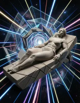 colossal sand sculpture of a human female reclining on a sleek chaise, traveling at supersonic speed with vivid long‑exposure light trails, ultra‑hyper‑micro detailed geometric patterns radiating from a central vortex, set in outer space with a glassy cosmic backdrop, perfect complete anatomy with one coherent body, two natural arms and legs, each hand with five fingers and each foot with five toes, all limbs fully visible and correctly jointed, smooth natural skin, no deformities, no missing or extra limbs, no fused digits or malformed joints, vorticism style with sharp angular machine‑like forms, fractured planes and hard‑edged wedge geometry, dense centripetal composition, palette of black, deep blue, harsh white and metallic accents, bold graphic outlines and mosaic‑like texture, architectural spatial illusion.
