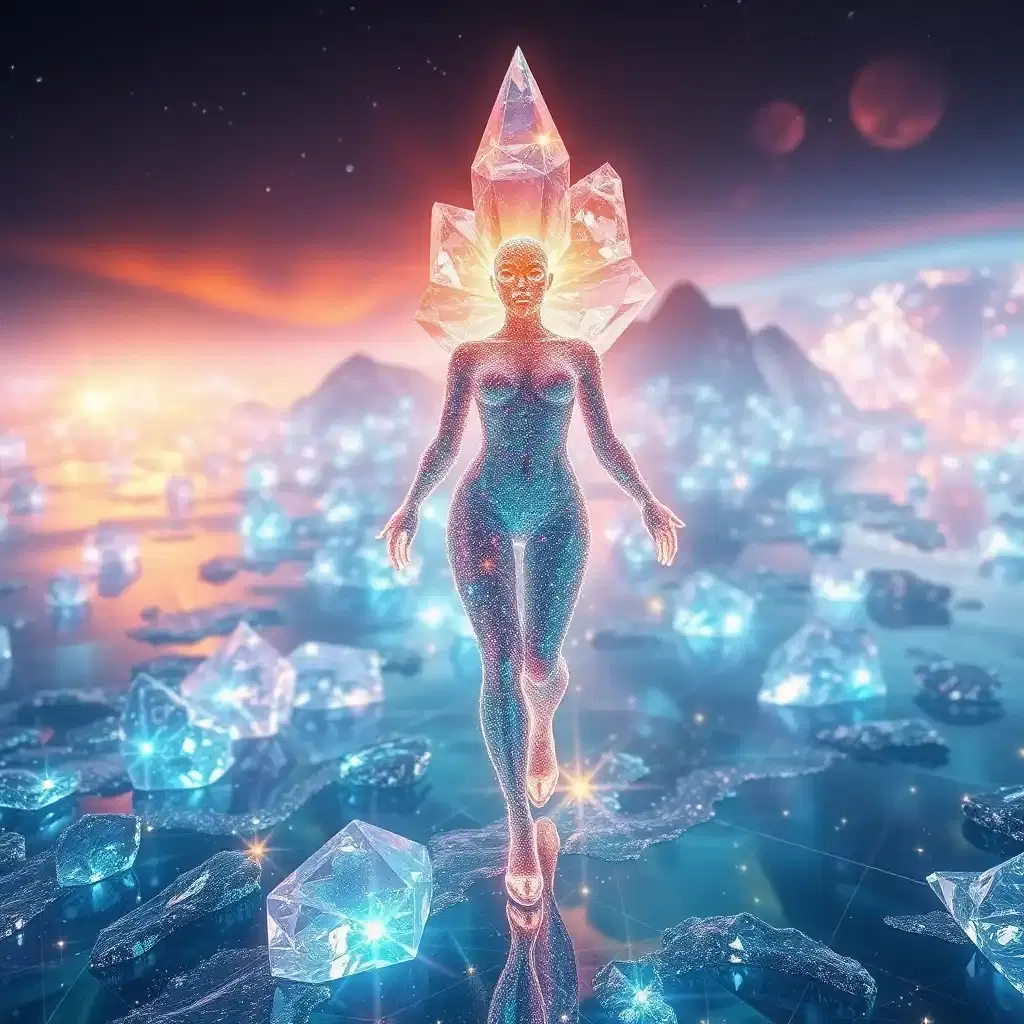 journey to the prismatic lands where a legendary crystal woman strides through reflective terrain. her skin, an amplified living cascade of glittering facets, encapsulates entire worlds within each crystalline frame, imbuing them with fierce vitality. the woman's eyes, piercing and knowing, burn like twin blazing stars, illuminating paths and reshaping reality itself with every deliberate step, bending the light of existence to her own majestic design.