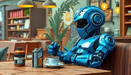 a cinematic, photorealistic film still with detailed textures and sharp focus, showcasing a stylish humanoid robot. the robot is lounging at a quiet coffee shop, its body language loose and unbothered, resting with a relaxed "eh, whatever" attitude. it is sipping motor oil from a tiny espresso cup. the scene is rendered in a 3d paper-cut style artwork, with layered paper-cut textures that give depth and tactile dimension, including gnawed wood detail sculpted in crisp cut layers. eye-catching colors and smooth color gradients flow through the composition, with vibrant greens, warm earth tones, and cool blues layered to enhance depth and visual interest. the overall piece has meticulous brushwork that vanishes into seamless transitions, crisp edges, and precise forms, with surfaces rendered with smooth blending that mimics reality. naturalistic lighting features balanced highlights and shadows, and faithful, life-like colors are mixed in subtle gradations, with polished glossy oil glazes and matte tempera finishes. the robot itself is a chibi mature anime illustration, with detailed 2d linework and soft cel shading, featuring a spriggan-inspired mechanical design with glossy blue candy-finished armor that is refined and elegant rather than aggressive. the setting is a cinematic cafe, with a drawn look, and an engine oil can rests on the table.
