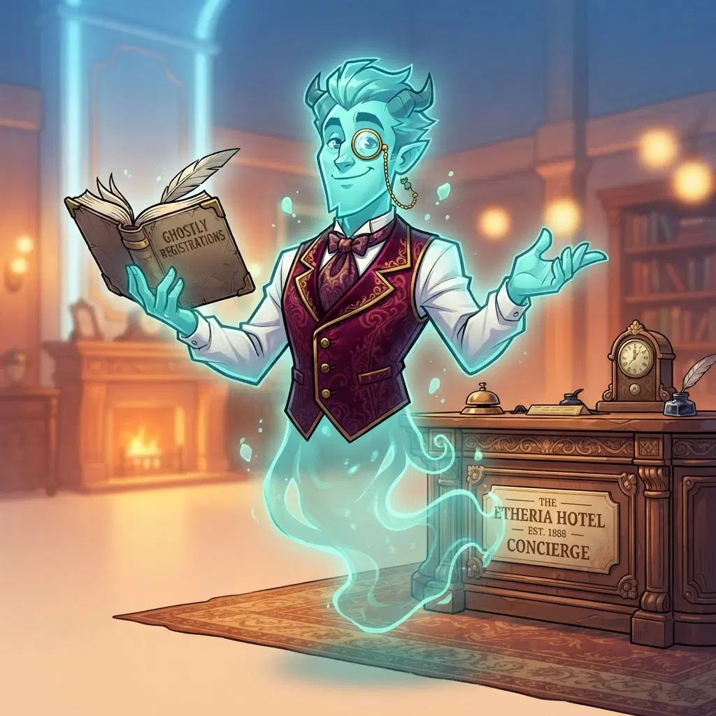 original character: a cartoon ghost concierge in a velvet waistcoat with a monocle and a ledger, translucent lower half, sharp angular western cartoon style, bold black outlines, clean soft gradient studio background, vibrant, crisp high detail, digital illustration