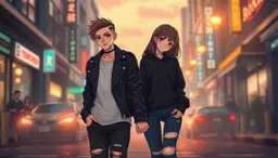 magical illustration of a dreamy urban scene: a human female named raelyng with an asymmetrical undercut, sharp angular jawline, heavy eyeliner, wearing a black lambskin leather jacket with gold zippers, white crew‑neck tee, distressed black baggy jeans and black‑white high‑top converse, double‑gauge hoop earrings; and her white girlfriend, anime‑styled with shoulder‑length messy brown hair, large dark brown eyes, black pull‑over fleece hoodie over a white tee, blue distressed jeans with a ripped hem and ear piercings. they hold hands, eyes locked, standing on a blurred city street at dusk illuminated by neon reflections and warm amber streetlights. rendered in ultra‑realistic digital illustration with intricate details, soft evening glow, and a magical, dreamlike atmosphere.