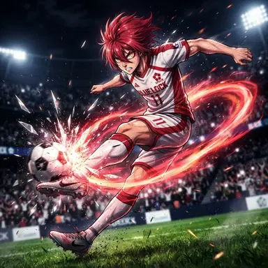 original Blue Lock style soccer anime character, male striker with crimson hair and glowing amber eyes, white and red jersey number 11, digital illustration