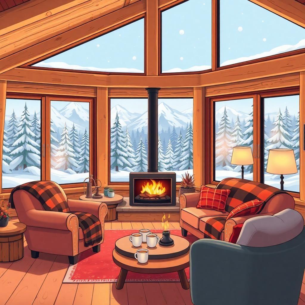 "Un intérieur cosy et chaleureux d'un chalet en bois dans un style cartoon vibrant et détaillé. Une cheminée moderne en verre au centre diffuse une lumière dorée et crépitante. Les grandes baies vitrées révèlent un paysage hivernal enchanteur avec des montagnes enneigées et une forêt de sapins couverts de neige. Le salon est rempli d’éléments stylisés : un canapé moelleux recouvert de plaids aux couleurs vives, un fauteuil confortable, une table basse avec des tasses de chocolat chaud fumant et des bougies scintillantes. L’atmosphère est douce et accueillante, avec des textures lisses et des ombres douces, typiques d’un dessin animé chaleureux et immersif."