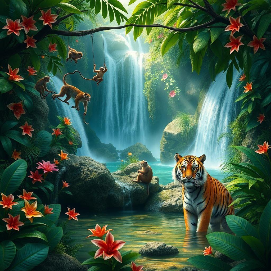 A hidden tropical paradise, where waterfalls cascade into natural pools surrounded by dense jungle. Exotic flowers bloom in every direction, their petals rich with vibrant hues. A family of playful monkeys swings from the vines while a lone tiger watches from the shade, its amber eyes gleaming. The air is thick with the songs of unseen creatures, and the entire scene feels like a glimpse into a lost Eden.