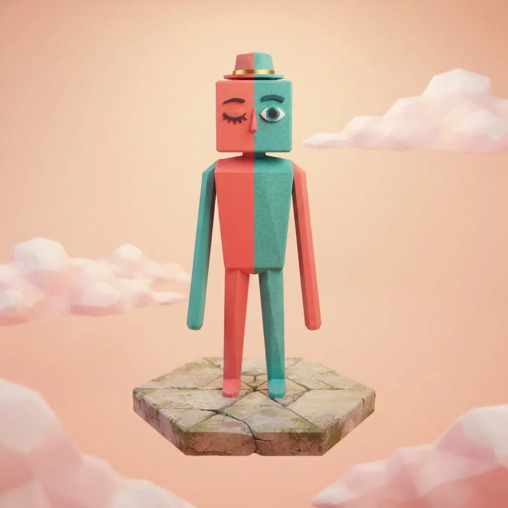 surreal low poly tall character, left half smooth flat coral red, right half grainy teal clay texture, cube head with a tiny brim hat, long tube arms hanging down, one closed eye and one open eye, standing on a floating tile in a soft peach void with drifting clouds, retro 3D render mixed with hand painted look, full body