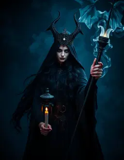 Dark fantasy, horror and dark magic, the high priest who has long black wavy flowing hair and high priestess in full costume, gorgeous costumes ready for all hallows eve. Hair and makeup done. Dynamic motion portraits, posing