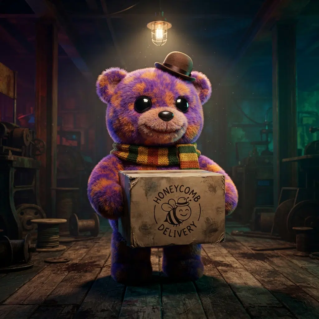 chubby purple and orange plush bear toy mascot, huge shiny black button eyes, a grin that is a little too wide, tiny bowler hat, striped scarf, holding a worn cardboard box with a bee-in-a-hat logo, dark factory floor with a single hanging lamp, colourful but eerie, glossy 3D render, full body