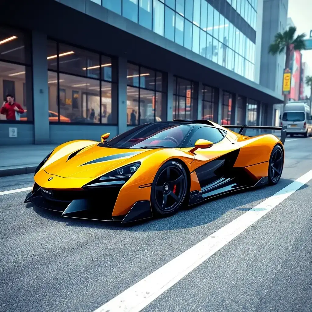 futuristic aggressive watemark speedster, inspired by mclaren f1 and a f40, with an amplified aggressive widebody kit featuring prominent watemark styling, show 3/4 car in a gta 5 city , hd