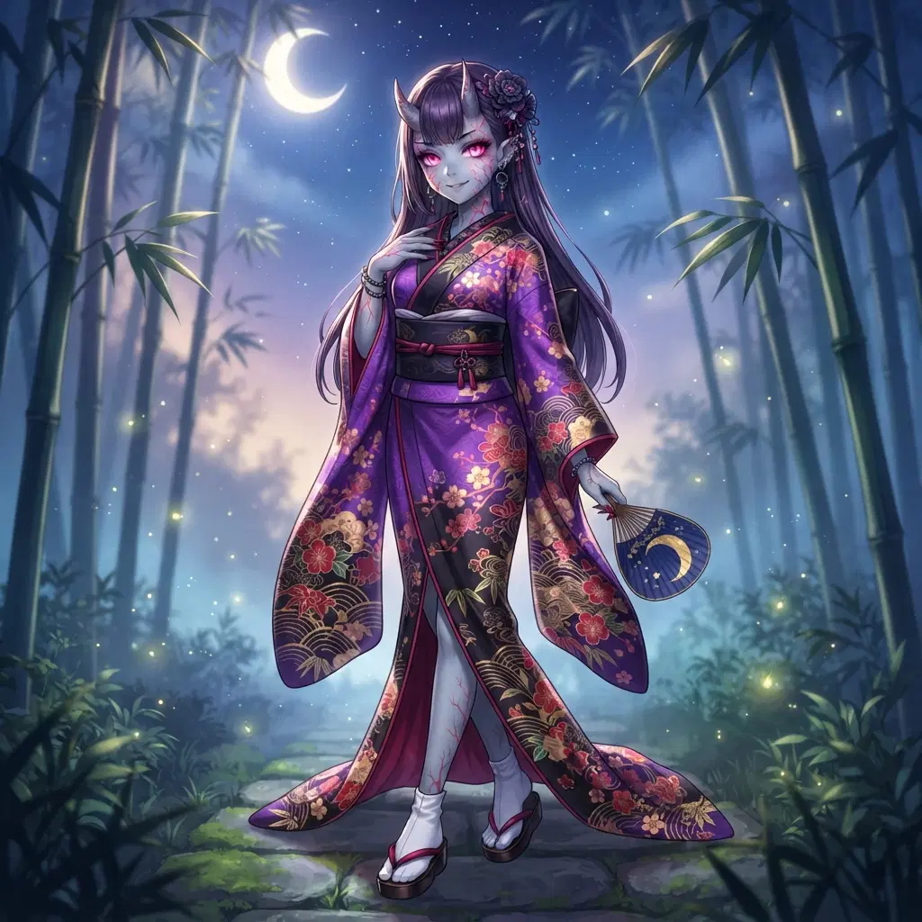 anime demon girl with pale grey skin, small horns, red vein-like marks on her face, glowing pink eyes, purple and black kimono, sharp nails, moonlit bamboo grove, full body