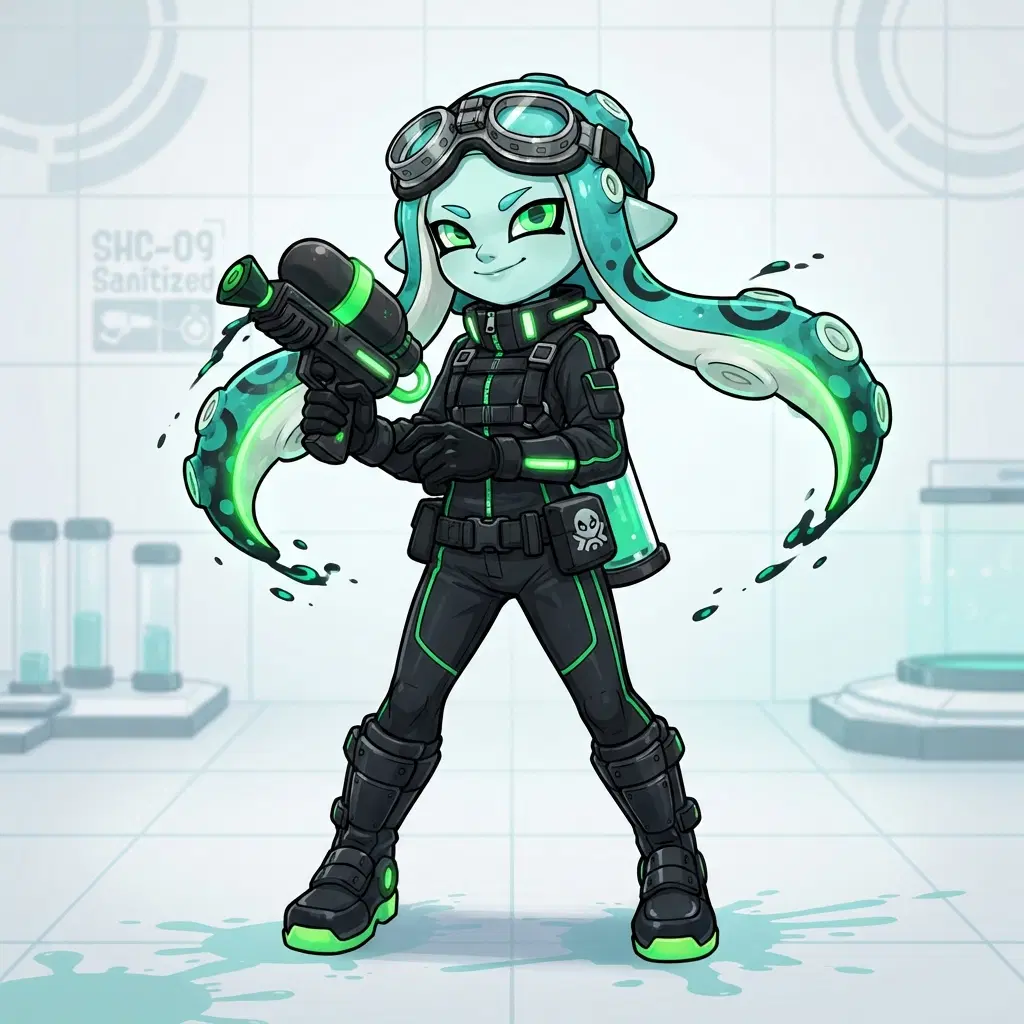 Splatoon game style sanitized octoling OC with pale teal skin and glowing green accents, Nintendo Splatoon official art style, clean background