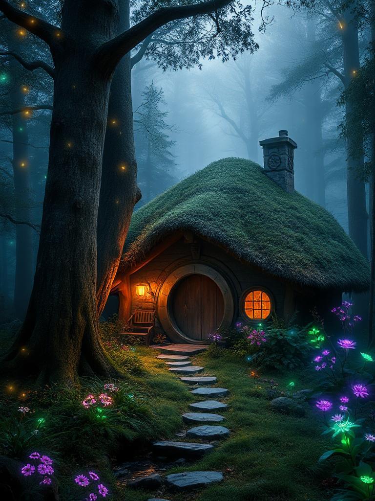 A cozy hobbit home nestled in a mystical and enchanted forest. The air is magical, full of wonder and secrets. Gentle fog wraps around tall trees with glowing symbols on their bark. Fireflies dance in the evening light, like tiny sparks of ancient spells. Streams sparkle with rainbow colors, mirroring a sky full of strange, swirling stars. Unusual plants glow softly in purple and green, their flowers letting out light-filled spores into the night. Soft whispers, distant bells, and the sounds of hidden creatures make it feel like the forest is alive, waiting to reveal its secrets.