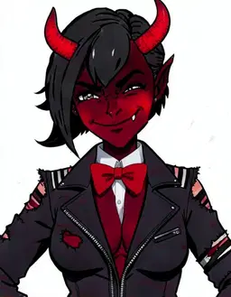 character portrait of female, a demon with flat red skin, black sclera with small red pupils and a wide fanged grin, in a black collared shirt buttoned to the throat under a loose red tie and a dark waistcoat, fully clothed, a closed-lip smile with a single fang showing at one corner, crimson red, a studded choker and a ripped black jacket with the collar turned up, curved horns, a red bow tie at their throat over a stiff white collar, flat 2D hand-drawn cartoon in the Hazbin Hotel style, heavy black ink outlines, cel-shaded blocks of vivid saturated flat colour, sharp angular art-deco shapes, crisp 2D cartoon lineart, head and shoulders, facing forward, plain flat white background