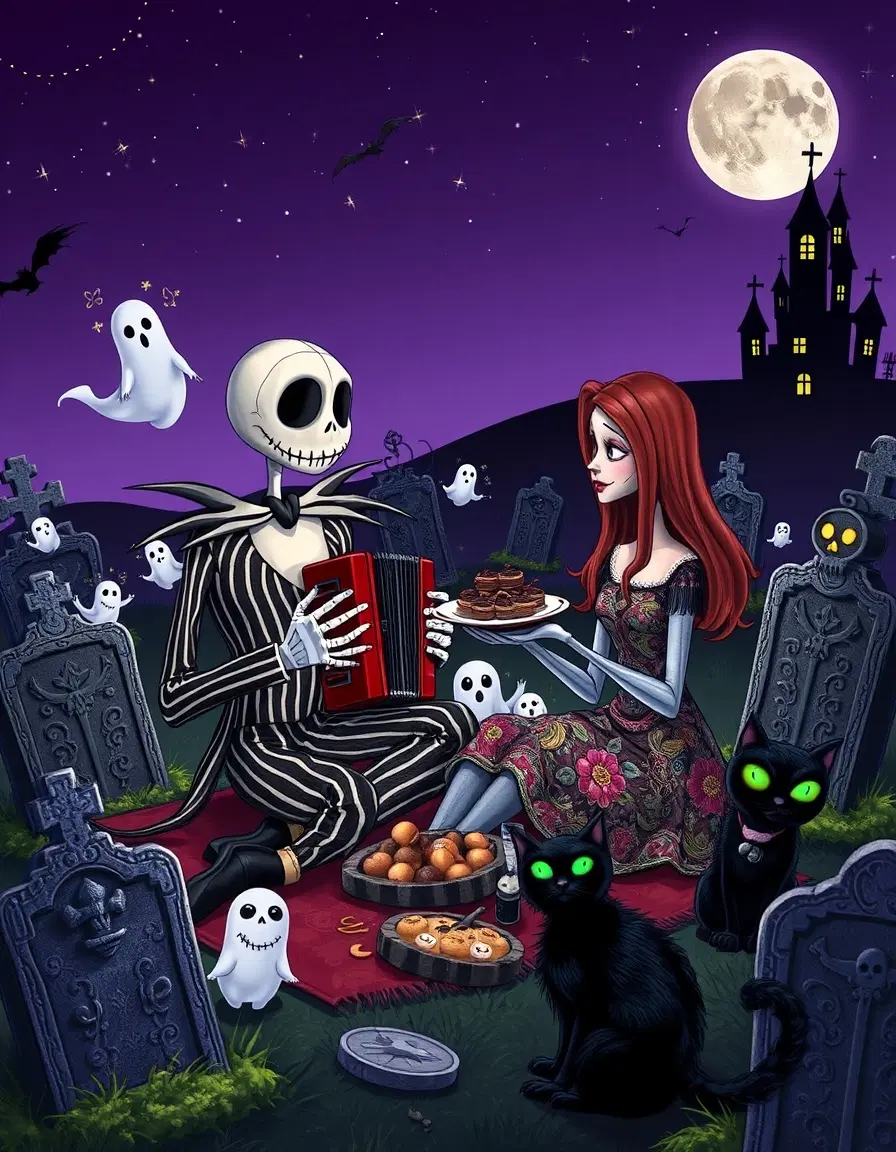 A detailed and whimsical scene featuring Jack Skellington and Sally from The Nightmare Before Christmas, enjoying a picnic in a graveyard under a starry, purple-hued night sky. Jack, in a slightly more casual pinstripe outfit, is playing a skeletal accordion, while Sally, wearing a beautifully embroidered dress with patchwork details, is offering him a plate of worm-and-bug-filled treats. Around them, friendly, glowing-eyed ghosts float playfully among ornate, moss-covered tombstones. A mischievous black cat with glowing green eyes is batting at a loose button from Jack's suit. In the distance, the silhouette of Halloween Town's crooked buildings can be seen against the horizon, illuminated by a faint, eerie glow.
