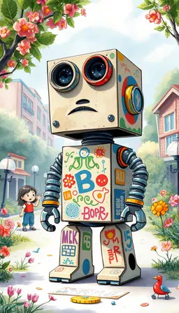 a whimsical storybook illustration, rendered with soft watercolor textures and a gentle, ghibli-esque atmosphere, depicting a whimsical robot constructed from colorful cardboard and recycled plastic bottles. the robot stands proudly in a vibrant urban park, its boxy head adorned with large, expressive eyes made from bottle caps, and its arms crafted from twisted cardboard tubes. its body is covered in playful patterns and graffiti art. the backdrop showcases blooming flowers and children playing, emphasizing a blend of creativity and sustainability.