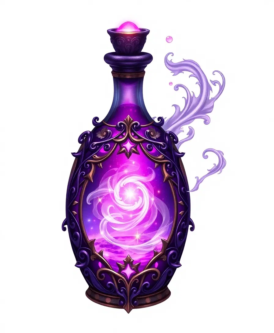 purple magic elixir, swirling mystical mist -, intricate fantasy potion bottle, ornate glasswork, glowing liquid, swirling magical particles, luminous glow, ultra detailed, vibrant colors, high fantasy illustration, crisp edges, sticker-like composition, isolated on pure white background, no shadow, no environment, centered, ultra high resolution, no text, no watermark