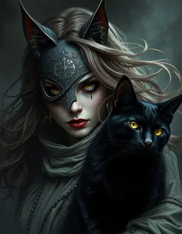 a dark fantasy horror scene featuring a high priestess wearing a cat mask alongside her black cat familiar, both rendered in dynamic motion portrait style with dramatic makeup and hair