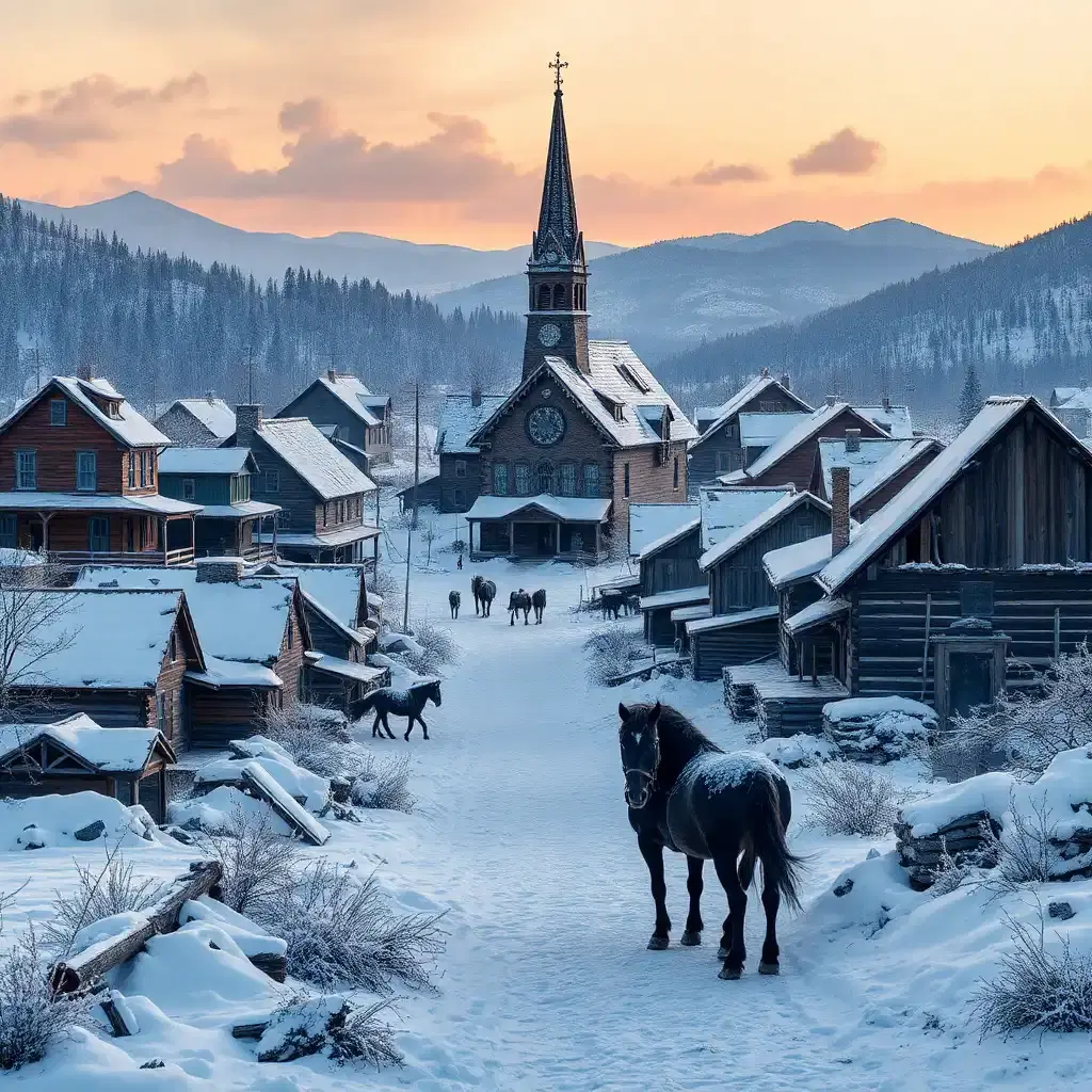 in a wintery town, snow blankets the 1880s mining remnants, frantically fracturing their tales into shattered shards. the deserted, fragmented streets echo with discordant whispers, the shattered church steeple stands sentinel atop a landscape of broken, snow-laden rooftops that resemble a shattered mosaic. ghostly, piecemeal horses graze, their misty breath dancing in the icy air, guarding secrets buried beneath the jagged, frost-encrusted remains. a dreamlike dusk whispers of epiphanies waiting to thaw amidst the remnants of a shattered, icy mosaic.