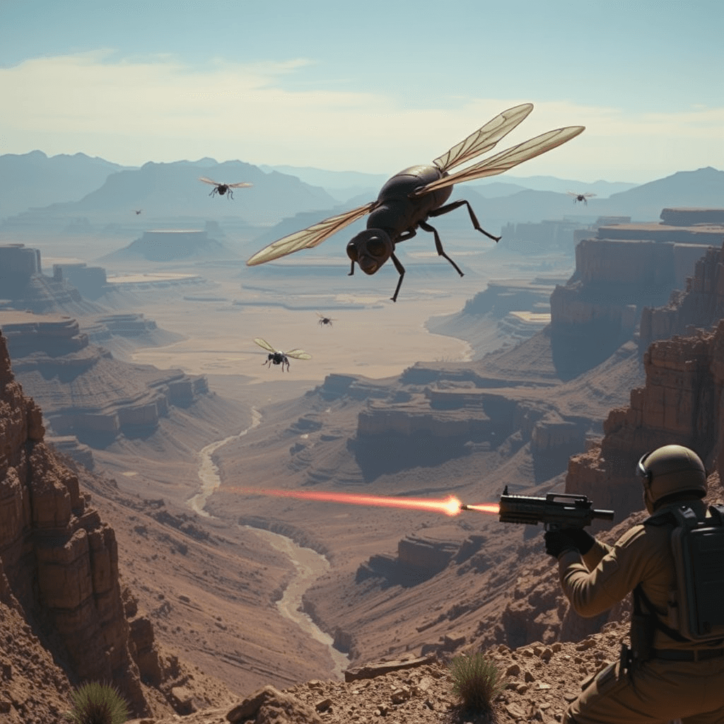image barren canyon surrounded by flat-topped mountains, Gigantic  flies like Godzilla,on the ground and in flight, on the ground armed soldiers defended themselves by firing salvos from their laser rifles, réalistic photographic pro, 4K, close -up