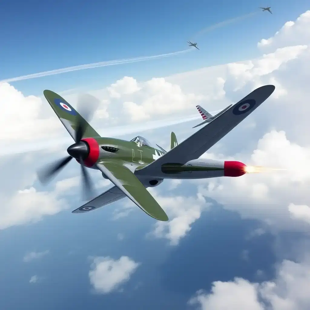 A high-speed dogfight between two vintage fighter jets over an ocean. One plane performs a tight barrel roll while the other fires tracer rounds. The scene is full of motion, with vapor trails streaking behind the jets and dramatic clouds in the background.