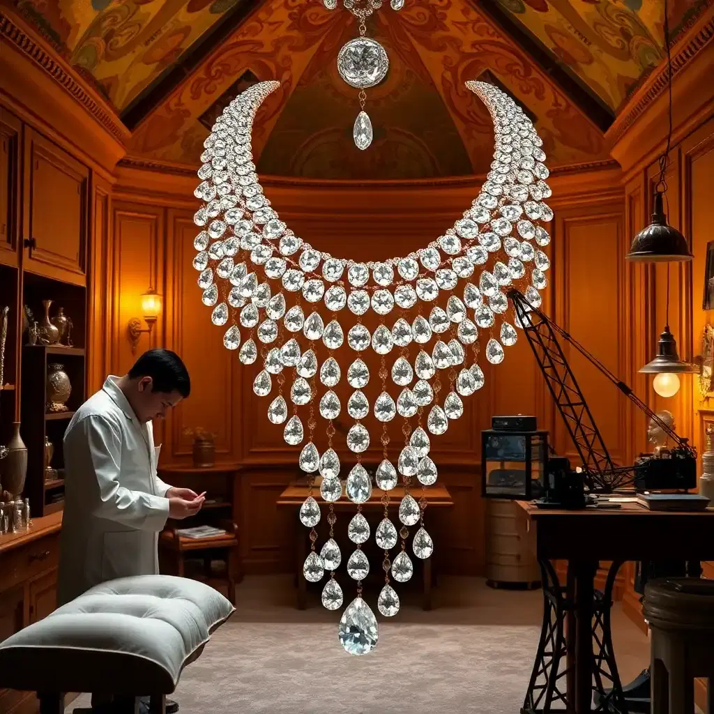 In a lavish, miniature jewelry atelier with walls adorned by warm, honey-colored wood paneling and a high, pointed fresco ceiling painted with delicate, swirling patterns of golden light, an awe-inspiring, oversized diamond necklace takes center stage. Cascading, teardrop-shaped gems in a mesmerizing dance of refracted light cascade down its length, evoking a sense of weightless elegance. Artisans in crisp, snowy white coats with elevated sleeves and aprons, donning small, round magnifying glasses perched on the ends of slender metal arms, perfect each intricate link of the necklace.

As a jeweler delicately polishes a shimmering gem on a cushioned, velvet-draped workbench, the soft whoosh of their buffer boat laps against the surrounding silence, punctuated by the faint tinkling of a nearby, crystal ornament hanging from the ceiling. Nearby, a miniature crane with a delicate, articulated arm and glistening metal cab rises from the workbench, carefully lowering a heart-shaped diamond into place. Its intricate interior latticework beckons the viewer's eye deeper, an exquisitely crafted marvel.

Light bounces off the labyrinthine design of the necklace, imbuing it with an otherworldly, surreal glow that sends shivers of delight down the viewer's spine. Meanwhile, workers clad in spotless, snow-white coats move with choreographed precision, effortlessly scaling cramped ladders and defying gravity as they hang from ropes, each one contributing to the dazzling masterpiece unfolding before us.

As delicate patterns of engravings unfurl across the surface of the necklace, the precise whispers of tiny, hand-crafted instruments and the contented clink of delicate tools combining in a joyous symphony of artisanal craftsmanship, an essence of refined artistry seeps through each thread and line. Amidst the industrious din, the sleek, minimalist billboard bearing the ((("HP-Studio"))) brand logo stands discreetly, an understated yet unmistakable beacon that quietly extols the pinnacle of dedication and exceptional finesse.