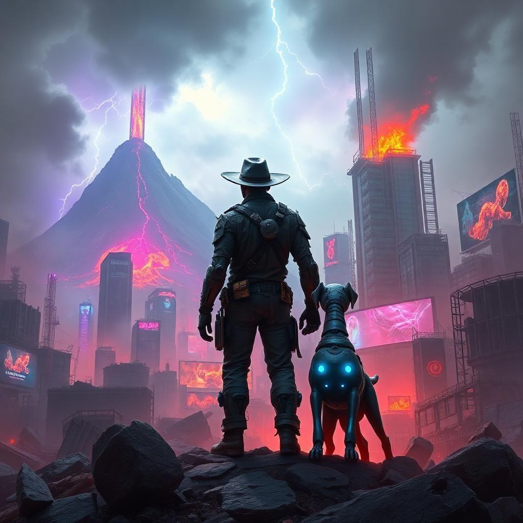 in the depths of a ravaged metropolis, a majestic, dusty robotic asteroid cowboy stands tall amidst an impending cataclysm. volcanoes pierce the smog-filled sky like giants, their fiery summits crackling with electrical storms. the cowboy, clad in tattered space-worn leather, gazes out upon this apocalyptic landscape as his robotic dog stands steadfast by his side. they appear pixelated, caught between the digital realm and the crumbling infrastructure around them. cybernetic augmentations protrude from their bodies like jagged outcroppings of rock.

electric blues, vibrant purples, and glowing pinks seep from the ruined skyscrapers, their holographic advertisements flickering like dying stars above the chaos. holographic billboards depict mesmerizing, otherworldly visions, a riot of color amidst the devastation. the air is heavy with the acrid smell of smoke and ozone, as fiery lava flows like molten steel, consuming the city's underbelly. neon glows dance across the wetted streets, casting an eerie, ethereal light upon the scene.

volcanic ash and digital snow drift through the air like spectral phantoms, further distorting the already fragile reality. the cowboy and his dog's cybernetic enhancements sparkle like stars amidst the ruins, imbuing them with an air of hope amidst the technological collapse. glitch effects cascade through the scene like a digital waterfall, hinting at a world crumbling beneath the weight of its own ingenuity.