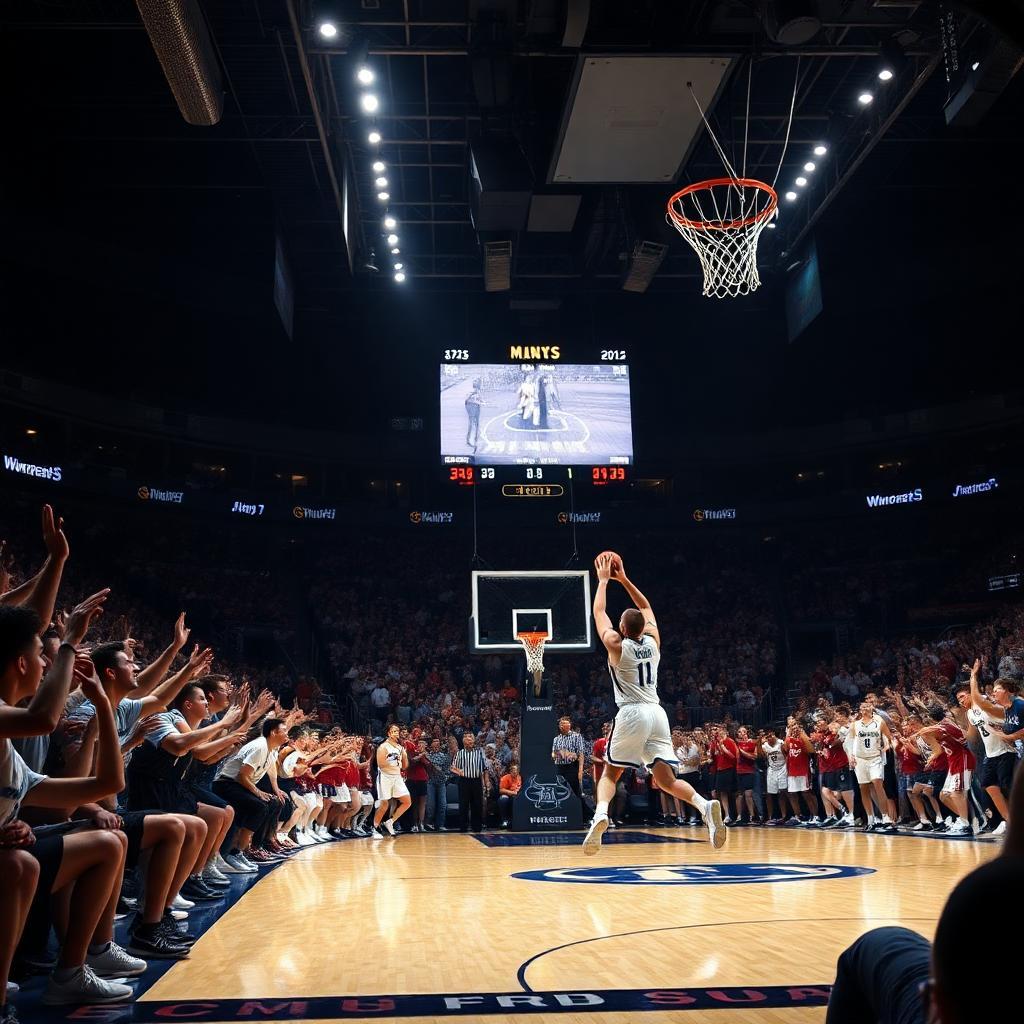 A packed basketball arena roars with excitement as two rival college teams battle it out in the final seconds of a March Madness game. The scoreboard shows a tie, and the star player from one team dribbles down the court, eyes locked on the hoop. Fans hold their breath as he takes the game-winning shot—will it go in? The stadium lights cast a dramatic glow over the court, and the atmosphere is electric with tension and adrenaline.