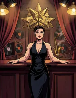 Obsidian Lady. Dave Gibbons Comic Art: dave gibbons‑style comic illustration featuring crisp black linework and bold, flat color blocks, dynamic panel composition with strong comic‑book shading, sharp contrasts of light and shadow, clean angular perspectives, vivid primary colors separated by solid black outlines, meticulously detailed characters and objects rendered in a stylized, graphic‑novel aesthetic., style
Anime: A stylization grounded in the disciplined use of bold linework, controlled chromatic harmonies, and simplified yet expressive facial geometry. Colors are typically cell-shaded with abrupt value separation, creating a crisp, graphic clarity that enhances character readability. Lighting tends to rely on broad specular highlights and intentionally reduced ambient fill, giving forms a high-contrast, emotionally charged appearance. Surface textures are minimized, allowing attention to flow toward gesture, silhouette, and expression. Eye rendering employs complex layering—transparent gradients, reflective hotspots, and subtle chromatic edging—to create heightened emotional resonance. Backgrounds may incorporate painterly atmospheric depth or simplified color blocks depending on narrative tone. The overall aesthetic balances narrative symbolism with efficient visual communication, yielding a vibrant and cinematic stylization., style
obsidian lady stands beneath an intricate origami brass cutout, its sharp angles casting crisp shadows across the nostalgic 1940s jazz club; the matte paper texture of the piece adds a subtle, airy contrast to the amber glow. she leans against a polished mahogany bar, her silhouette framed by retro velvet curtains and brass stage lights, exuding regal poise that echoes the era’s glamour. the room glitters with deep mahogany tones, cracked vinyl records line the walls, and a soft croon drifts from a distant saxophone, enveloping her in an intimate, timeless ambience.