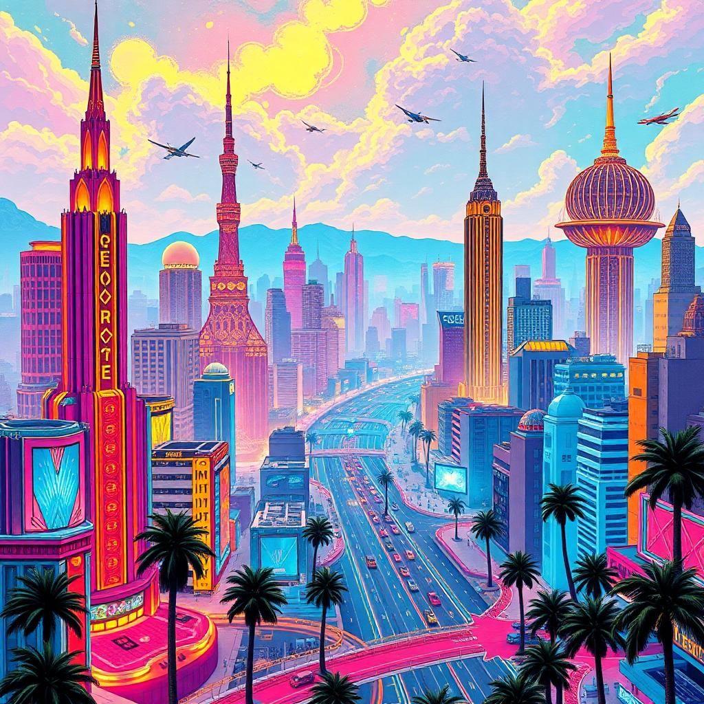 Create a dazzling retro-futurism landscape with a city of ethereal allure. Here, art deco towers and flying cars coexist with a vibrant pop art aesthetic, creating an electric atmosphere. Narratives flash by in comic book storyboards, in colors so vivid they transport viewers into a saga of dreamlike exploration.