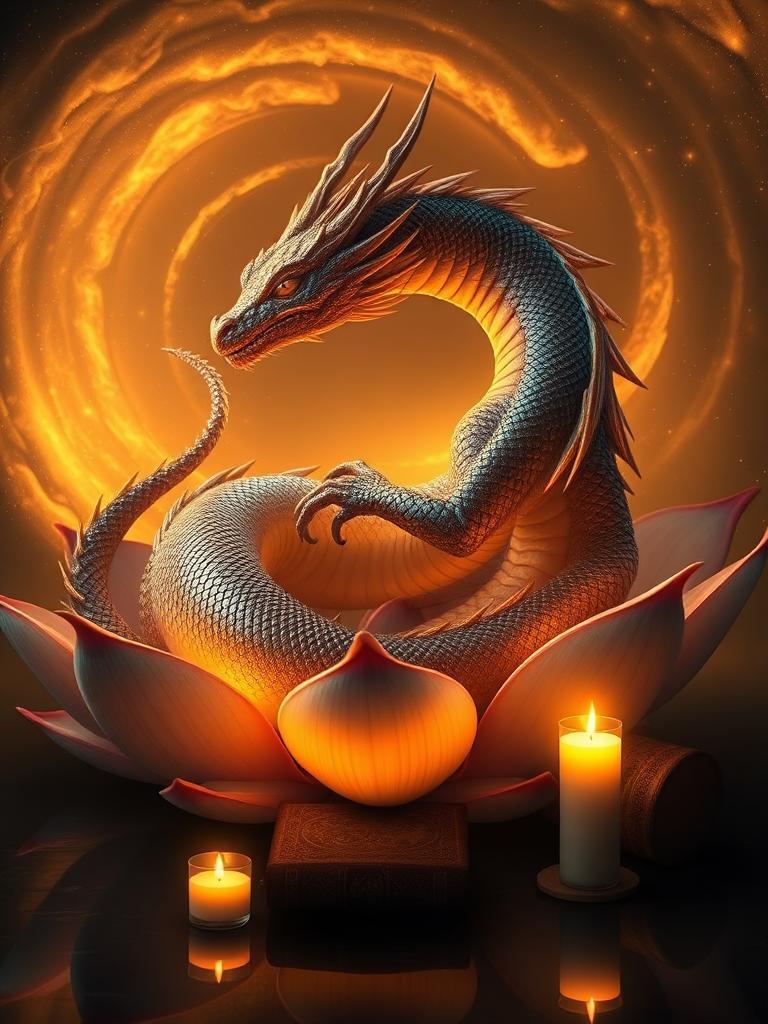 "a cosmic lotus dragon coiled within a swirling nebula of iridescent petals, its scales shimmering like stardust and illuminated by the warm, golden glow of candlelight. soft, flickering flames dance across its body, casting a gentle, intimate ambiance. the dragon's eyes burn with a soft, ethereal blue fire, reflecting the warm light of the candles. beneath the lotus, a dark, shadowy pool reflects the dimly lit scene, with hints of old, leather-bound books and mystical symbols. the dragon's plumage seems to shift between the warm, golden light and the soft, dark shadows, as its gentle, mystical roar echoes through the quiet, contemplative atmosphere."