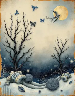 vintage mixed media decoupage collage with fine liner calligraphy and delicate stamping, ghostly layers and intricate filigree accents, soft edges and gestural textures evoking an antique atmospheric background, whimsical folk‑art digital surreal scene rendered with academically refined figuration, polished virtuoso brushwork and smooth glazing, bold hand‑drawn lines dialoguing with western art history, fractal mathematics motifs of self‑similar mandelbrot spirals, julia set filaments and branching patterns intertwining with organic forms echoing seashells and galaxies, icy blue, frosted white, steel gray, deep navy, cool lavender and silvery teal palette, icy blue, frosted white, steel gray, deep navy, cool lavender and silvery teal accents.
