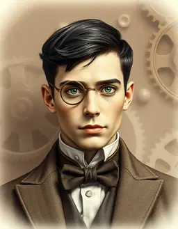 a sepia-toned steampunk portrait of oswald, a fully clothed male with short, neat black hair and clear blue eyes, fair complexion and a single elegant monocle; his refined posture is captured in a head‑and‑shoulders frame, the brass and copper accents of his victorian‑era attire glinting softly against a muted, textured background of gears and steam. the crisp lineart of his familiar face is rendered with soft rim lighting, and the photograph’s muted palette gives the image a nostalgic, timeless quality, all set against a flat white backdrop.
