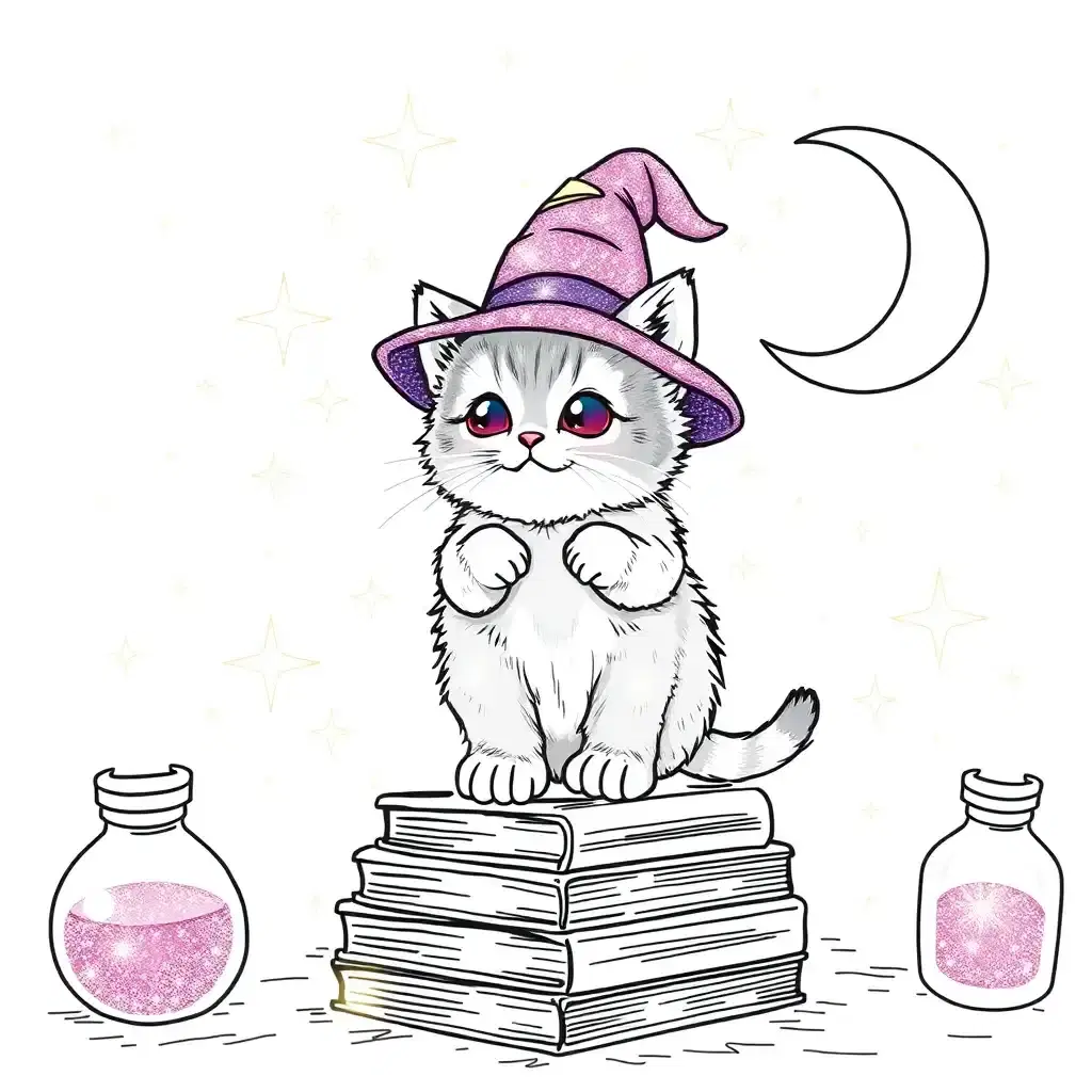 the chubby kitten sparkles with magic, an enchanting glow illuminating the whimsical scene. it wears a tiny, shimmering wizard hat, standing on a dazzling stack of books. magical sparkles dance around, amidst a backdrop of glittering stars, a radiant crescent moon, and glowing potions. the detailed line art invites a world of creative sparkly coloring.