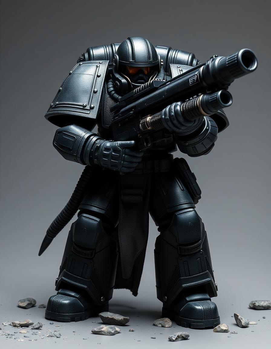 Warhammer 40K space marine in blacked out tactical armor, wielding a massive minigun