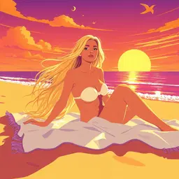 ultra‑luminous sunny girl on a sun‑kissed beach shoreline, lying on a bright towel, long flowing blonde hair over airy chiffon, surreal mood with melting shapes, stretched horizons, skies rippling in deep purples and bleeding oranges, tilted shadows and drifting whispers, vermillion and saffron accents, stylized vector art with bold crisp lines and vivid gradient colors, rhythmic density gradient from crowded to calm.