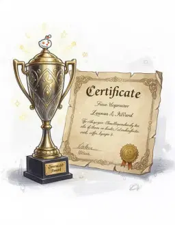 a whimsical illustration, delicate and playful, featuring loose lines and visible brushstrokes, with an innocent expression. this illustration exclusively depicts an award and a certificate, as if from a reddit post. the award is meticulously detailed with intricate patterns and a gleaming metallic surface, while the certificate is crafted from aged parchment, displaying elegant typography and an official seal. there are no humans or any other characters present in this scene.