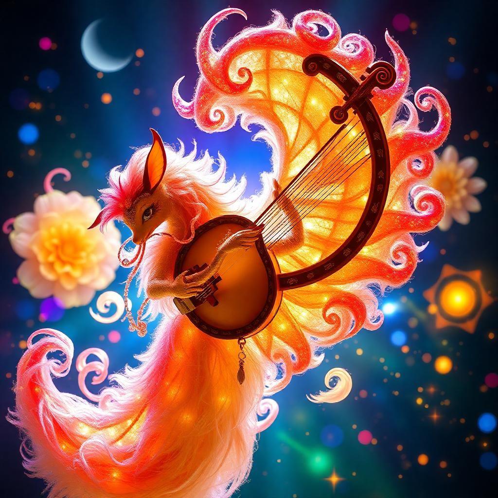 Behold a dazzling orchestral spectacle as the whimsical 'Melodia' graces the stage with her majestic presence. Every flick of her velvety tail releases waves of sparkling sound, touching the strings of her polished lyre. Experience a symphony that blossoms into flowing tapestries of light and sound, immersing you into a surreal, vibrant festival.