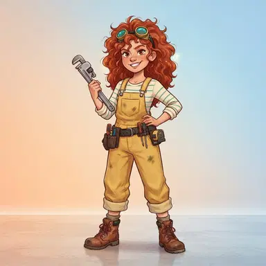 original cartoon inventor character with curly red hair and goggles, yellow overalls, holding a wrench, full body, playful western cartoon style, clean gradient studio background, digital illustration