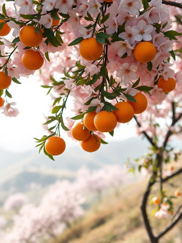 A scene with 12 vibrant oranges hanging on a sakura tree is set amidst a lush landscape. The foreground features a blossom-covered tree with oranges that pop in color against the pastel pink petals. The middle ground reveals a peaceful scene of rolling hills dotted with more sakura trees, leading the eye further into the distance. The background gently fades into a soft mist, adding depth and a dreamlike quality. Diffused sunlight creates subtle variations in lighting, enhancing the entire view with an inviting, three-dimensional feel that makes one imagine they could step directly into this serene setting.