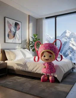 RosyRibbonhead stands beside a purple Gengar monster in a modern luxury bedroom with floor-to-ceiling windows overlooking snowy mountains. The space features minimalist decor, white bedding, abstract wall art, an indoor plant, cinematic lighting, and a shallow depth of field captured with an 85mm portrait lens. Vibrant colors and a playful mood highlight the scene.
