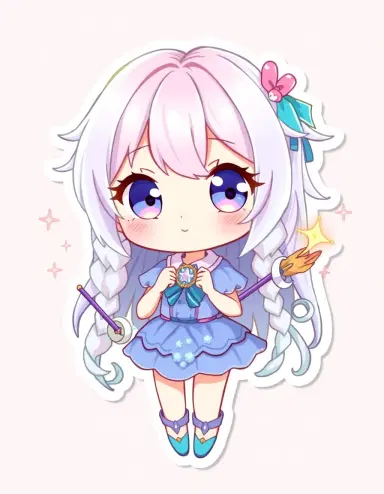 a chibi magical girl character with sparkly eyes, pastel hair, tiny wand, magical effects, cute poses, and a fibrous texture that resembles woven fibers, interlaced strands, or braids. the character is set against an anime-style pastel palette with a glossy sticker finish and detailed but adorable features.