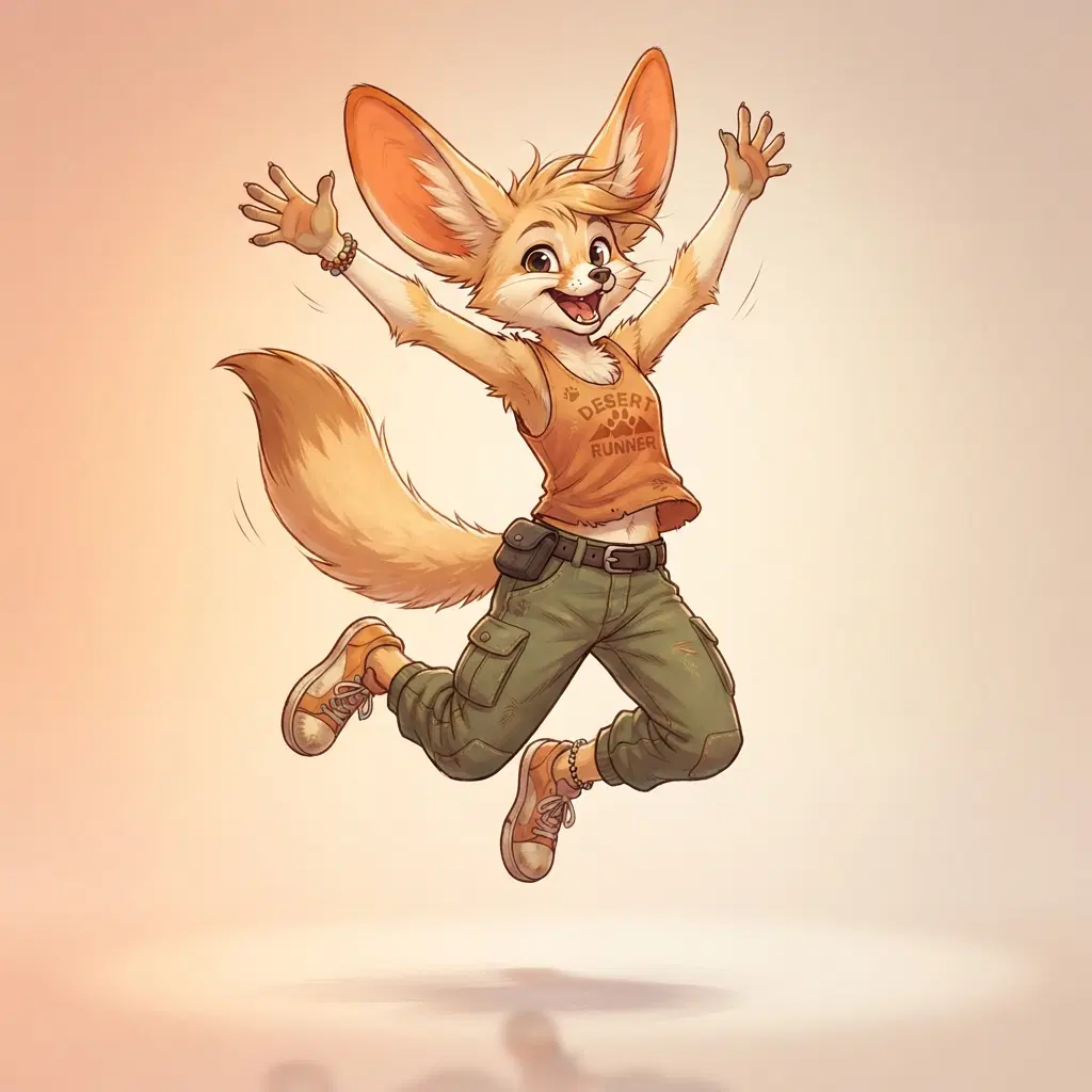 anthro fennec fox fursona character, full body, energetic jump pose, huge ears, sandy tan fur, wearing a tank top and cargo pants, warm desert palette, clean soft gradient studio background, vibrant, crisp high detail, digital illustration