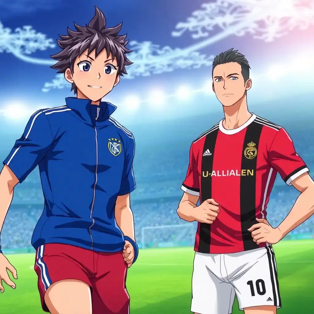 Isagi Yoichi from the anime blue Lock with cristiano ronaldo next to him on a football pitch