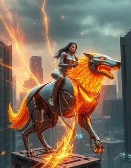 a sleek female robot with chrome limbs and steel filigree rides a massive brushed‑steel robotic wolf, both glowing amber, amid a sprawling brutalist concrete city under a steel‑gray sky, now bathed in a magical warmth explosion: radiant golden‑amber energy streams swirl around every surface, fiery brush‑like swooshes and luminous embers cascade from the sky, warm halos and sparkling motes illuminate the scene, while cool teal and deep‑blue accents flicker in the shadows. the atmosphere shimmers with volumetric light, soft bloom and swirling magical trails, giving the city a whimsical, cinematic fantasy glow, expressive arcs of glowing power weaving through the concrete monoliths and the chrome figures.