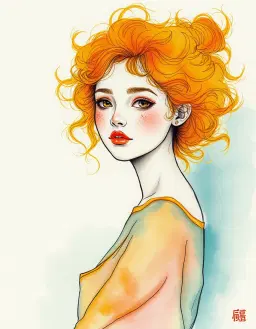 a young realistic woman with vibrant cosmic aura, orange‑yellow curls, and an iridescent silk gown, rendered in ink wash (sumi‑e) style: fluid brushstrokes, subtle gradients, minimalist tonal balance, empty space emphasizing harmony, delicate shimmering threads suggested as faint ink lines, dreamlike teal and aqua tones transformed into muted ink washes.