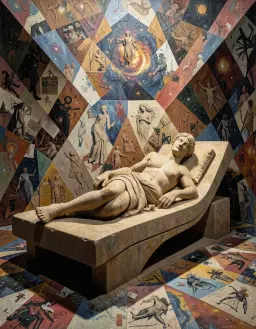 colossal sand sculpture of the venus de milo reclining on a sleek chaise with a single cosmic goddess, low‑angle worm’s‑eye view, geometric symmetrical backdrop, postmodern painting style with layered visual languages, juxtaposing photorealist detail and gestural abstraction, eclectic inconsistent palette, mixed surface treatment from smooth passages to heavy impasto, collage elements and trompe‑l’oeil, bold graphic structure, mosaic‑like texture, deep shadows and concentrated pools of light.