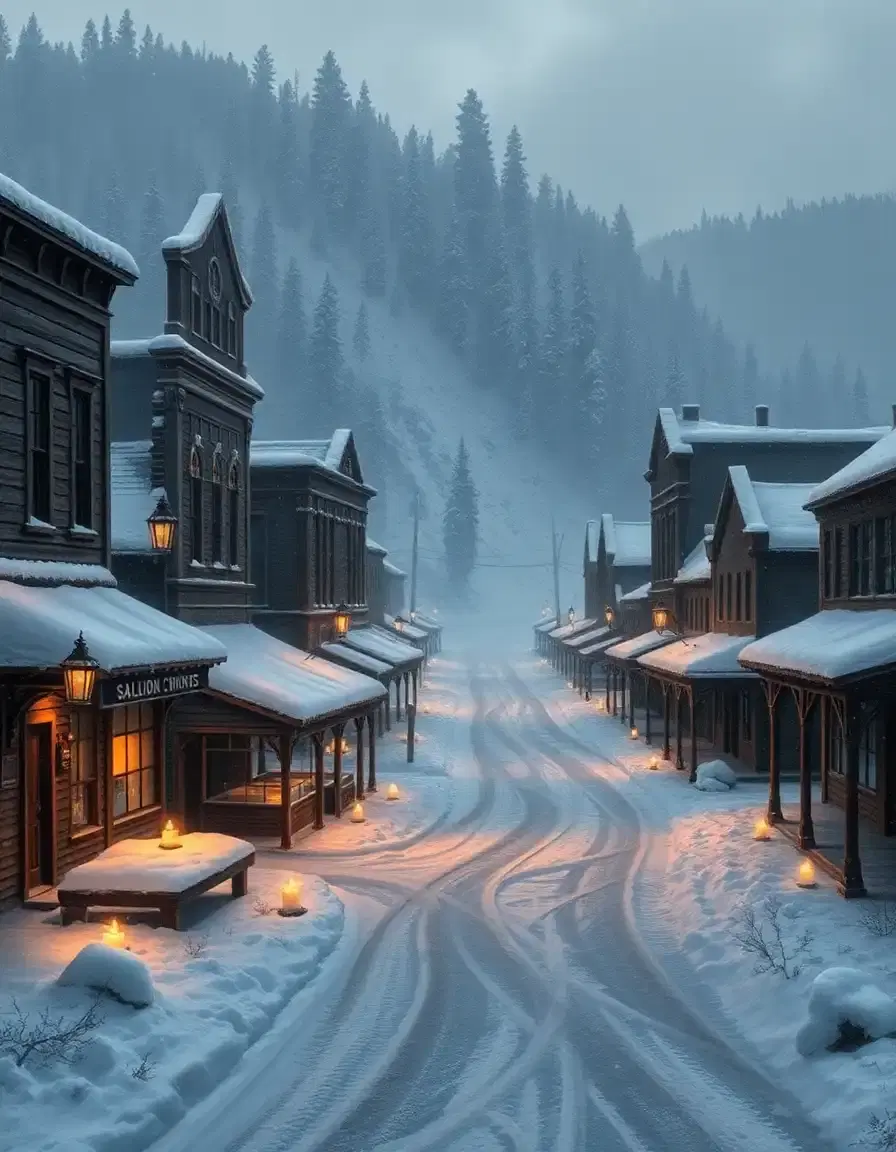 "an ivory-shrouded, frozen 1880s mining town lies shattered in winter's icy grip. 

flickering candles and lanterns, swathed in miniature veils of frost, cast a dull, guttering glow from the ground up. the buildings and mine glint with icy, crystal colours like a painting infused with wintry, winter's chill.

drifts of powdered, heavy, wet snow, darkening to indigo and sapphire, sweep up to doorsteps like leaden blankets of grey-washed clouds, transforming the weary town into an abandoned graveyard. an unforgiving air of desolation wraps the empty, snow-choked streets in its biting, icy arms.

the main street, dull and lifeless as faded ice, stretches with a monotonous, monochromatic grey, shrouded in a dull, glassy veil of dense, frosty crystals, with long, jagged shadows stretching downwards from the saloon and store like harsh brushstrokes of a drab watercolour.

the bell tower rises above, its frost-encased edges coated with a thick layer of dirty ice, reflecting the dull colours of a dingy, frosted window. horses, their misty breath billowing in freezing clouds, wait uneasily in their stalls, their eyes dull and lifeless with the cold.

scant, ghost-like figures trudge through the monochrome landscape with slow, labored steps, casting long, harsh shadows on the ground as their dull, black robes blend into the surrounding snow. the remote, background hills and mountains dissolve into dull, featureless mists of grey, plunging their misty peaks into a sea of bleak, colourless fog.

the above sky is a dull, pale grey, devoid of any colour, casting a bleak and oppressive ambient across the frozen town. the atmosphere emits a harsh and unforgiving stillness, where time itself seems to have frozen into a state of endless winter."