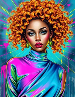 a young realistic woman with bright orange‑yellow curls and luminous complexion, centered in a cosmic aura, wearing an iridescent silk gown, set against layered teal and aqua tones; rendered in graffiti wildstyle with vivid hot pink, electric blue and lime green fills, sharp dark outlines, metallic chrome accents, airbrushed gradients, drip effects and dynamic centrifugal composition of interlocking angular forms and radiating energy lines.